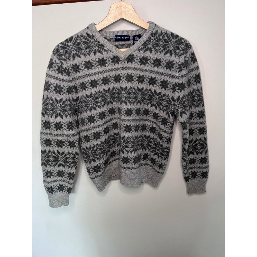 Grant Thomas Kids XL Grey Fair Isle 100% Pure New Wool V-Neck Sweater Pullover
